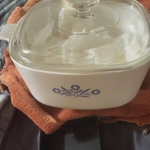 Corningware White Casserole Dish with Blue Floral Pattern